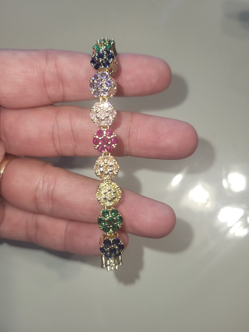 Multicolor Crystal Floral Link Bracelet - Laminated Gold
